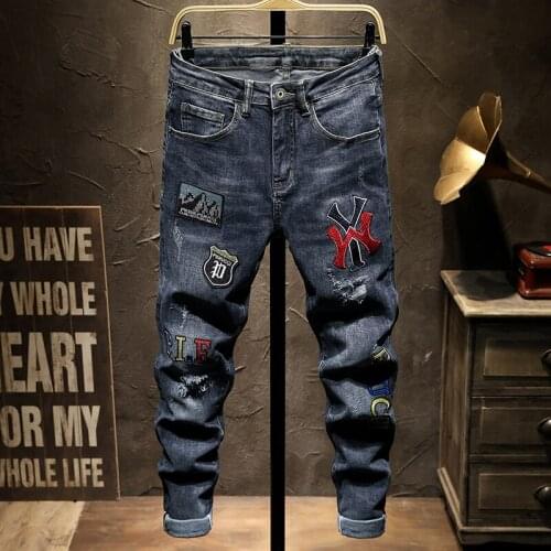 Embroidery Boutique European Men Brand Slim Jeans Denim Trousers Stretch Blue Patchwork Hole Pants For Men Ripped Jeans JS1059