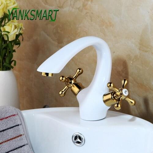 YANKSMART Golden Polished 2 Handles Faucets Bathroom Basin Sink Faucet White Painting Tap Cold&Hot Water Mixer Taps