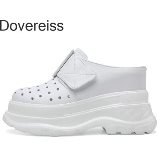 Dovereiss Fashion Womens Summer Waterproof Mules Sexy Platform Pure Color White Pink Genuine Leather Slippers New 32 33