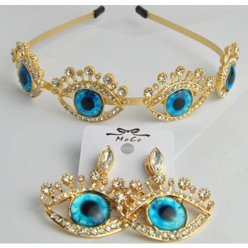Exaggerated Blue Eye Headband Gold Hair Accessories Turkish Evil Eye Hair Clips for Women with Crystal Rhinestone