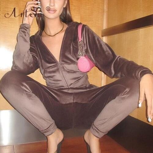 ArtSu Winter Velvet Hooded Cropped Jacket And Long Pants Tracksuit Joggers Two Piece Set Women Streetwear Casual Outfits