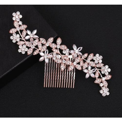 Large Floral Crystal Bridesmaid Headdress Women Hairpiece Rose Gold Rhinestone Hair Combs Hair Accessories For Bride Wedding