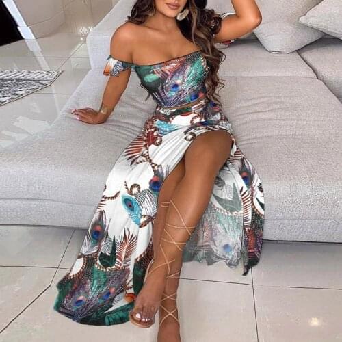 Off Shoulder Women Two Piece Set Sexy Slash Neck Top and Slit 2021 Summer Long Party Dress Suits Spring Floral Print Skirts Sets