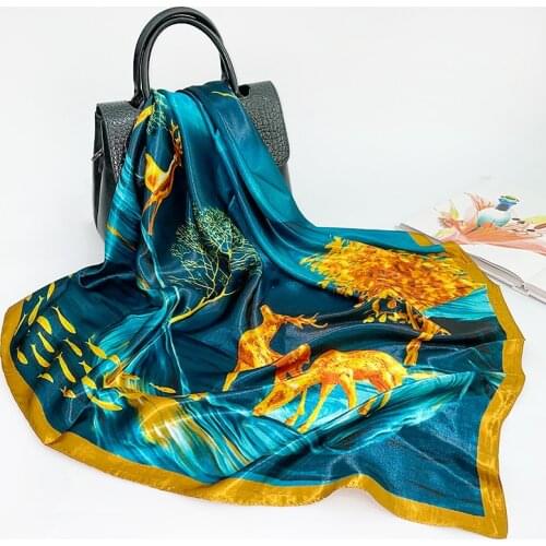 Silk Scarf Female 2021 Spring and Summer Simulation Silk Scarf Color Deer Print Small Square Scarf Shawl