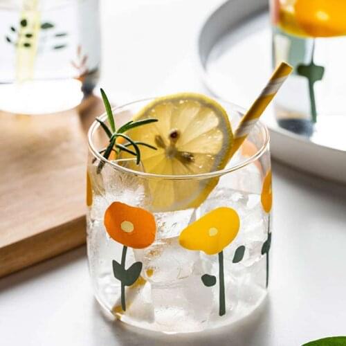 350ml Creative Flower Printing Glass Cup Heat-resistant Flower Tea Juices Milk Cola Beer Glass Coffee Mug Home Office Drinkware