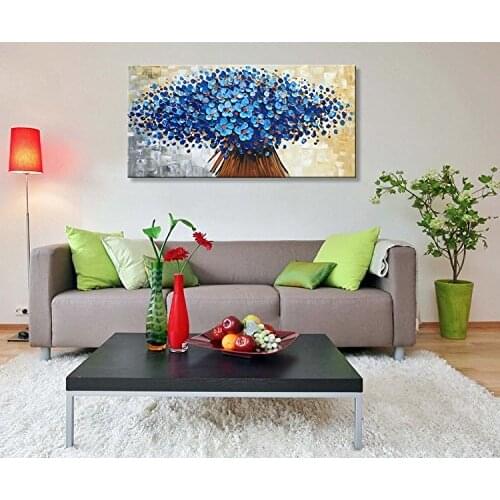 Canvas Painting Abstract Wall Art Modern Holiday Gift Blue Flower Oil Painting Contemporary Artwork Floral Canvas Art Top Arts