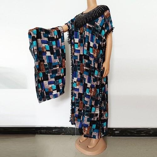 Boubou Femme 2021 African Print Dashiki Clothes Plus Size Diamonds Pompom Women Dress Batwing Sleeve Ankara Lady Party Dresses
