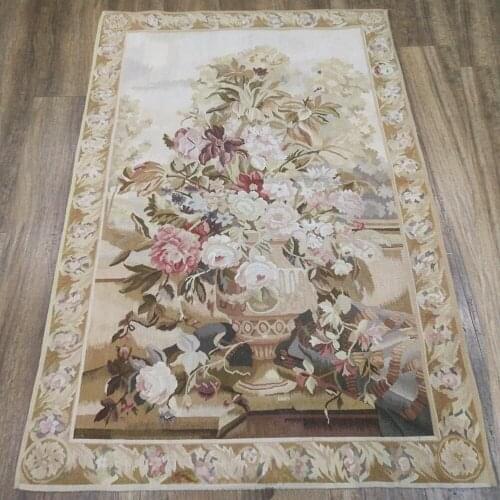 Floral Handmade Wool Wall Hanging Aubusson Tapestry with Flower