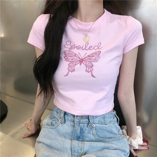E girl Summer Printed Embroidered y2k T-Shirts Teen Girls Cotton Tank Short Sleeve Sexy Cropped Tops Streetwear Vintage T-shirt