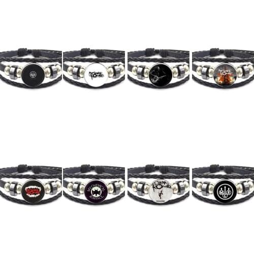 EJ Glaze For Women Wedding Plated Jewelry With Glass Cabochon Black Leather Bracelet Bangle My Chemical Romance Rock Band