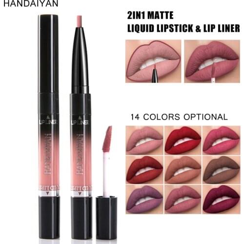 HANDAIYAN 2 In 1 Lip Gloss + Lip Liner Lipgloss Pen Double Head Waterproof Long Lasting Nude Matte Lipstick Makeup lipliner set