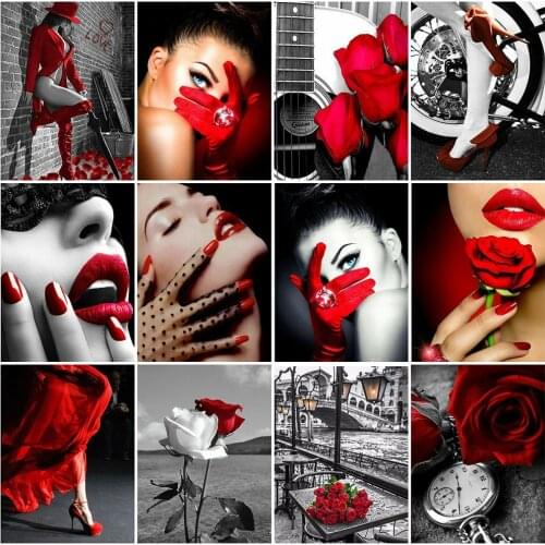 HUACAN Full Square Diamond Painting 5D Woman Diamond Embroidery Red Black Rose Handicraft Home Decoration