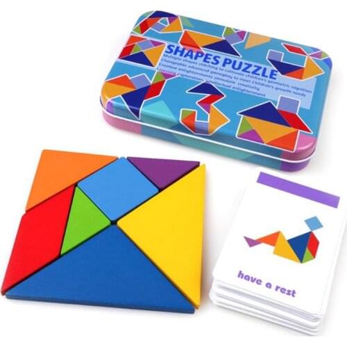 1 Box Early Education Puzzle Toy 50pcs Graphics Design Wooden Puzzle Variable Tangram Jigsaw Toys Children Double-sided Patterns