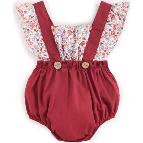 Newborn Romper Baby One-Piece Suspenders Fake 2 Piece Romper Korean Toddler girls Summer Flying Sleeves Floral Bag Fart Clothing