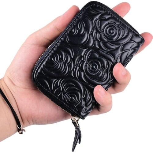 RFID Accordion Card Wallet Women Fashion Genuine Leather Zipper Credit Card holder Handmade Purse New Flower pattern Card Cover