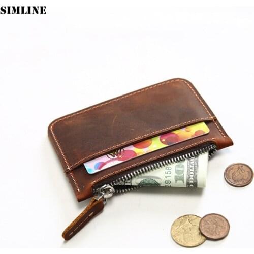 Crazy Horse Genuine Leather Coin Purse Card Holder Men Vintage Handmade Short Slim Zipper Wallet Money Bag Change Pocket Male