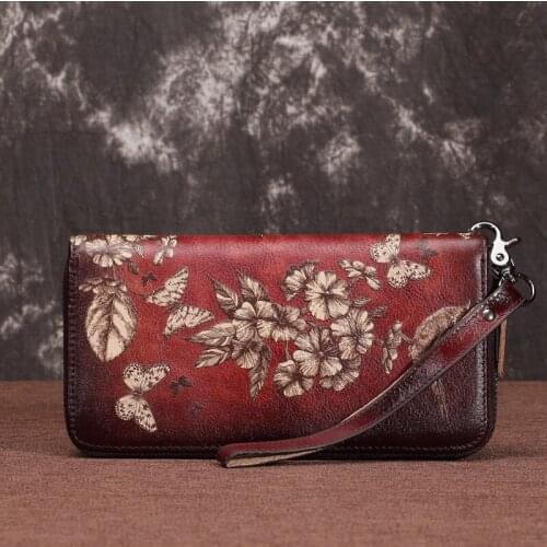Multi-Cards Genuine Leather Women Long Wallets Floral Printing Money Clips Wrist Bags Retro Female Purse Clutch Handy Zipper Bag