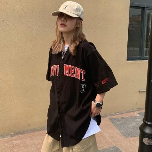 Summer Woman Shirt Oversize Black Baseball Shirt Hip Hop Vintage 2021 Half Short Sleeve Hippie Blouse Women Men Korean Style
