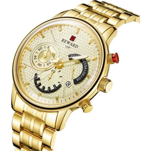 REWARD Six-needle Calendar Mens Watch Gold Steel Belt Waterproof Quartz Chronograph Business Watches Montre Homme Zegarek Meski