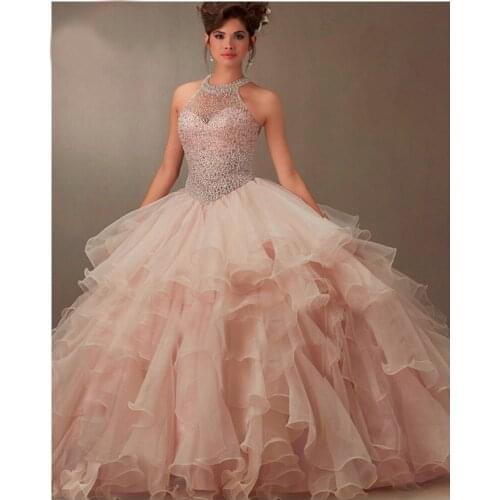 Champagne Cheap Quinceanera Dresses Ball Gown Halter Organza Beaded Puffy Sweet 16 Dresses
