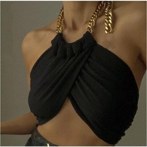 Sexy Chic Chain Halter Crop Tops Women Backless Cropped Off Shoulder Sleeveless Black Wrap Tank Tops Streetwear Outfit Clubwear