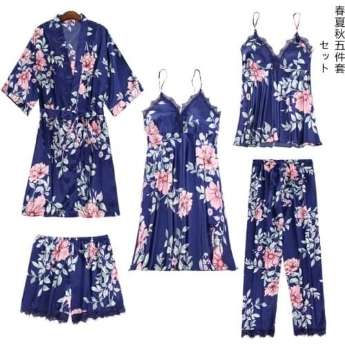 Sexy Printed Satin 5 Piece Pajamas Set Women Nightwear Faux Silk Dressing Gown Autumn Robe Sleepwear With Chest Pads