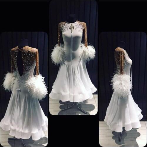 Ballroom Dance Dress Modern Waltz Tango Smooth Ballroom Dress Standard Ballroom Dress White feather long sleeve dance dress