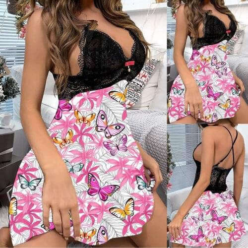 Butterfly Print Womens Dress V-neck Lace Sleeveless Sexy Night Dress Sleepwear Sexy Backless Nightie Ladies Nightgown Nightwear