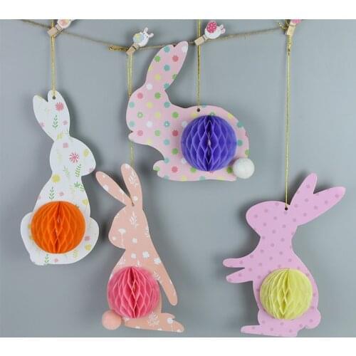 4pcs/set Rabbit Pendant Hanging Paper Bunny Pompom Ball Baby Shower Happy Easter Birthday Kids Party Decor Supplies DIY Craft