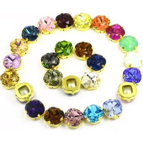 Crystal Sew On Rhinestone With Golden Claw 12mm Fat Square 3D Fancy Stone With Metal Sewn Rhinestones Decorations For Clothes