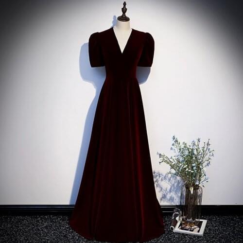 Burgundy Deep V-Neck A-Line Evening Dress Empire Short Sleeves Simple Fashion New Floor-Length Party Formal Dresses Woman B1001