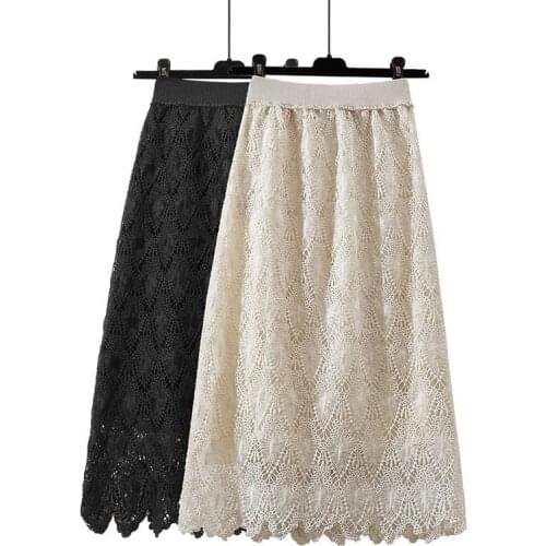 YYCZF SP & AU Womens Skirts Limited Ladies 2021 High Qualitty Embroidery Elastic Waist Hollow Out Patchwork Lace Midi Skirt