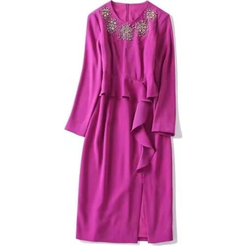 European and American womens wear new autumn 2022 Long sleeve peaded round collar Fashionable flounces with slit dress
