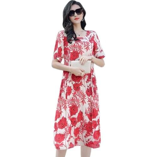 L912NT670-B New 2021 Womens Spring Clothing Elegant Intellectual Loose Temperament plus Size Silk Printed Dress Women