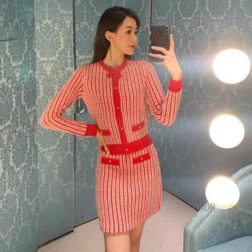 Red Plaid 2 Piece Sets Womens 2021 Runway Cardigan and Skirt Knit Two Piece Set Cropped Cardigan Sweater + One Step Mini Skirt