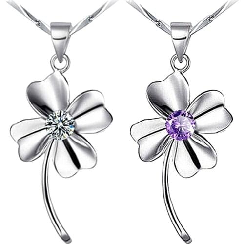 Lucky Four-leaved Clover Bead Necklace For Women Girls Cute Jewelry Silver Color Chain Collars Crystals Flower Pendant Necklace