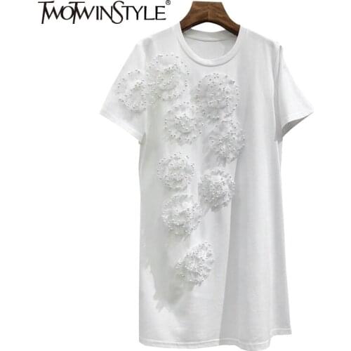 TWOTWINSTYLE Temperament Patchwork Pearl Floral Dress For Women O Neck Short Sleeve Joker White Dresses Female Fashion New 2021