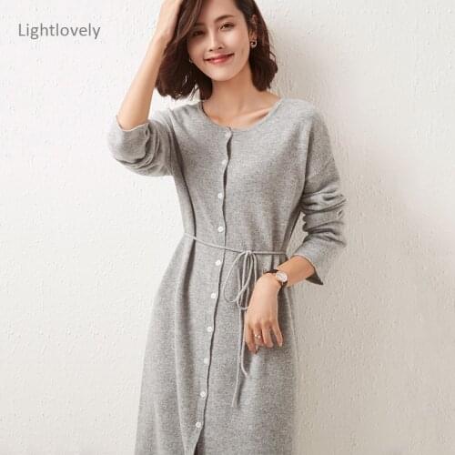 100% Cashmere And Wool Knitted Dress For Women 2021 Autumn Winter O-neck Sweater Dresses Female Dresses Long Style Jumpers