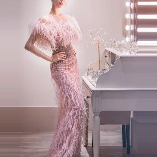 Trendy Prom Dresses Mermaid Pink Beaded Tassels Formal Dinner Capped Sleeves Floor Length Evening Long Gowns
