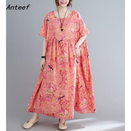 Short sleeve cotton vintage animal floral dresses for women casual loose long woman summer dress elegant clothes 2021
