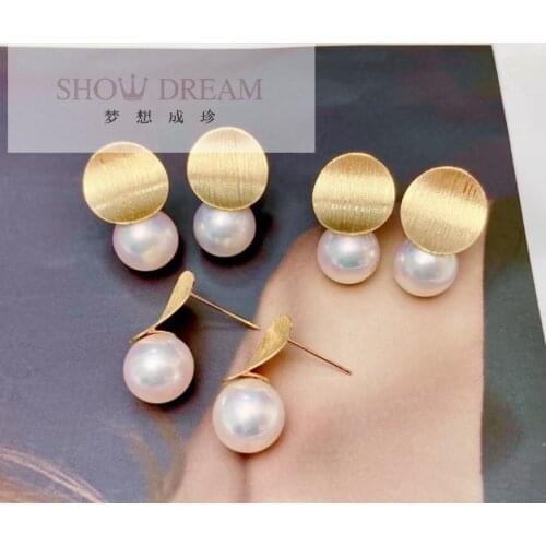 18K gold Akoya Seawater Pearl earrings, handmade wiredrawing process, stylish and retro