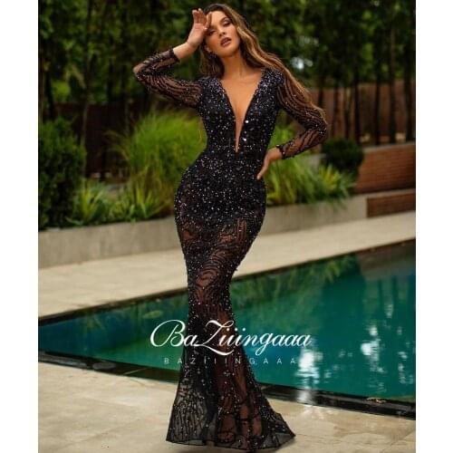 BAZIIINGAAA Luxury Woman Cocktail Dress Beaded Sequins Long Elegant Night Cocktail Party Formal Dresses for Wedding Plus Size