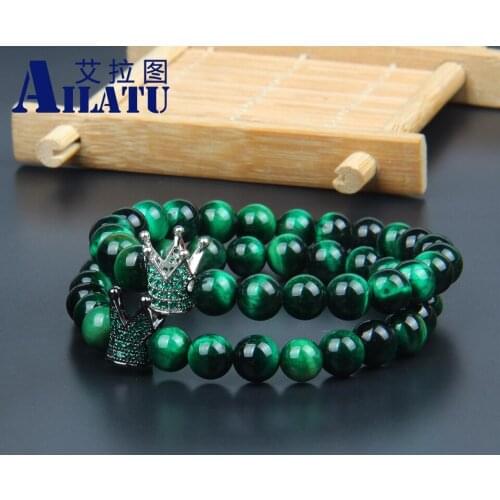 New Copper Crown Charm Bracelets 8mm Green Tiger Eye Stone Beads Yoga Jewelry & Bangles Unisex Classic Party Gift