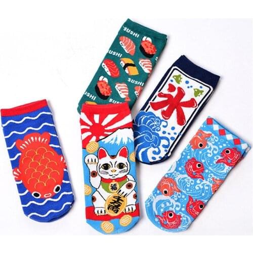 Japanese Cartoon women colorful cotton novelty retro no show crew Socks Fortune cat socks fish sushi cute Invisible socks