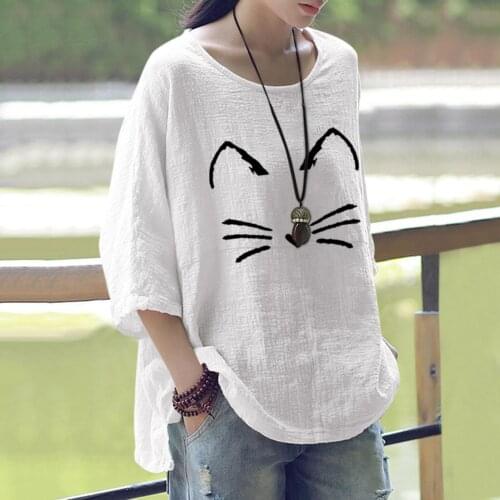 Stick Figure Cat Print Cotton Linen T-Shirts Women Solid Color 2021 New Summer Casual O-Neck Three-Quarter Sleeve Women Blouse
