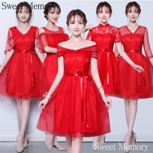 J358 Adult Junior Red Short Bridesmaid Dresses 2021 Woman Vestidos White Champagne Bride Guests Wedding Party Dress Wholesale