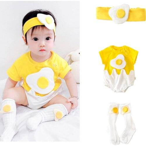 Newborn Baby Rompers Cartoon Cute Eggs Infant Toddler Jumpsuit New Cotton Girls Boys Clothes Outfits Hair Band Socks Onesies