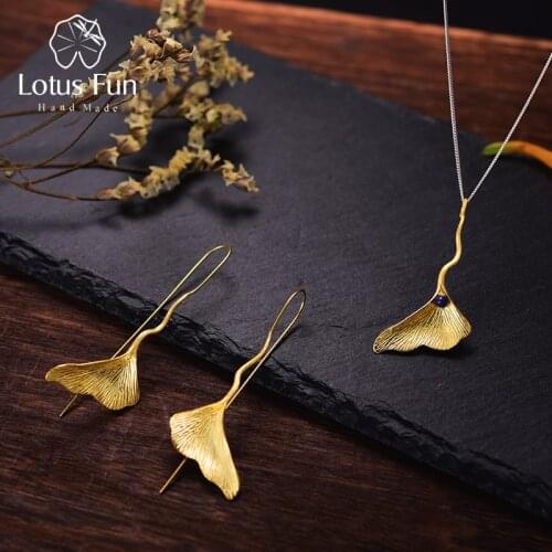 Lotus Fun Real 925 Sterling Silver Natural Lapis Fine Jewelry 18K Gold Ginkgo Leaf Jewelry Set with Earring Pendant Necklace
