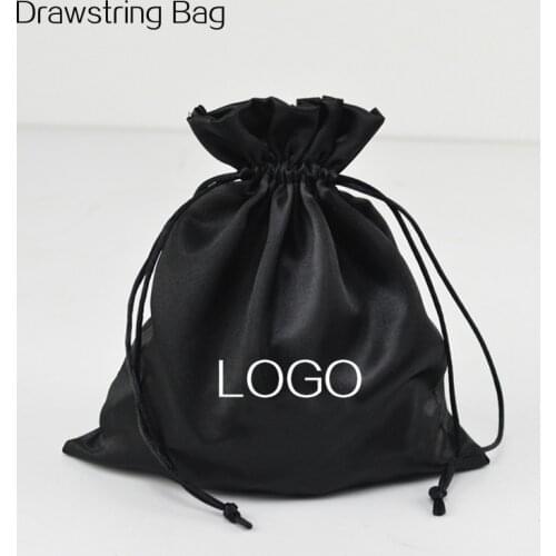Drawstring Bag Jewelry Pouch Black Satin Gift Bag Wood Ear Pocket Hair Extensions Packaging Bags Manufacturer Custom Logo 50P