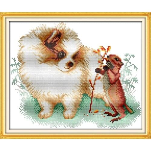 Pomeranian and squirrel cross stitch kit 14ct 11ct pre stamped canvas cross stitching animal embroidery DIY handmade needlework